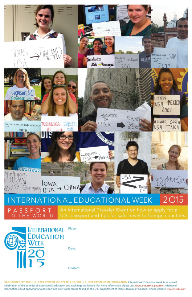 Internationaler Bildungswoche 2015-Plakat mit einer Gruppe von Menschen, die Schilder mit Veranstaltungstext halten.