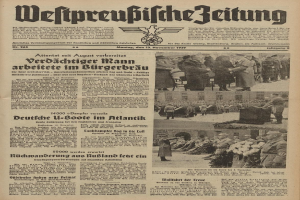 Schwarze und weiße Titelseite einer deutschen Zeitung vom 13. November 1939, betitelt "Weitpreubliche Zeitung", mit einer Gruppe von Menschen in traditioneller deutscher Kleidung in einer feierlichen Umgebung.