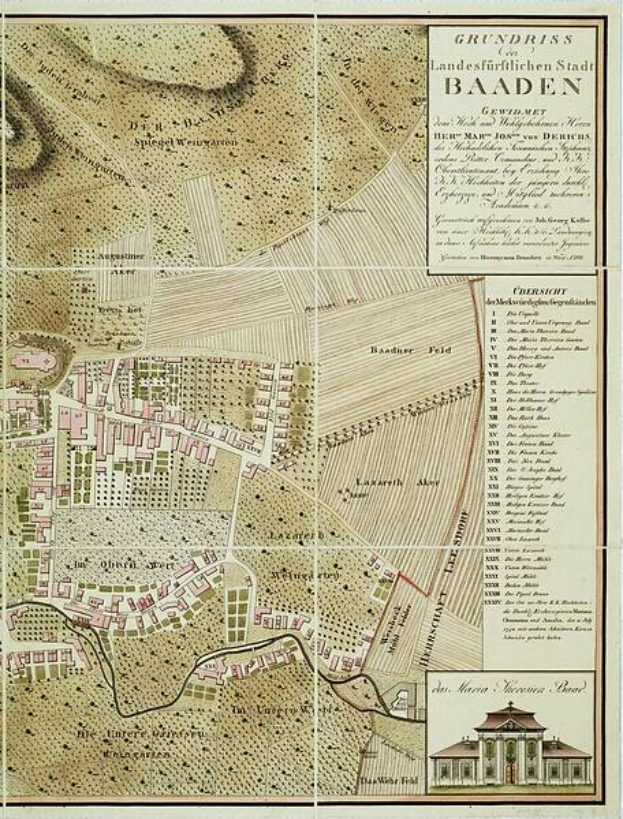 Ein altes, detailliertes Stadtplan von Baden-Württemberg, Deutschland, das Straßen, Gebäude und Sehenswürdigkeiten zeigt, mit Text, der zusätzliche Stadtinformationen und ein Gebäude im rechten unteren Eck enthält.
