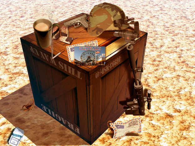 Ein Bild, das eine Kiste mit einer Mütze, einer Pistole, mehreren Mützen, Papieren und einem Schlüssel zeigt, mit Skorpionen und einem Papier auf einem Weg.