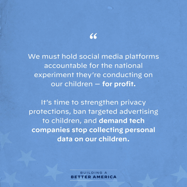 Plakat mit einem Zitat aus "Building a Better America", das die Auswirkungen von Social-Media-Plattformen auf Kinder kritisiert, verziert mit Sternen.