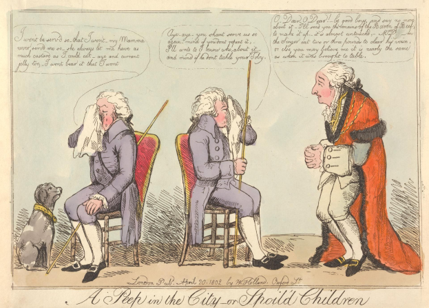 Eine Karikatur eines strengen Mannes in einem langen Mantel und Hut, der in einem Stuhl neben einem Hund mit aufgestellten Ohren sitzt, der Hund schaut ihn an, während er ein Papier hält, das "Ein Blick in die Stadt oder sollten Kinder?" trägt.
