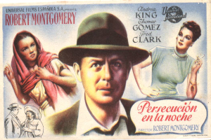 Ein Filmplakat für "Verfolgung in der Nacht" mit einem Mann in Hut in der Mitte, umgeben von Bildern anderer Menschen und Text.