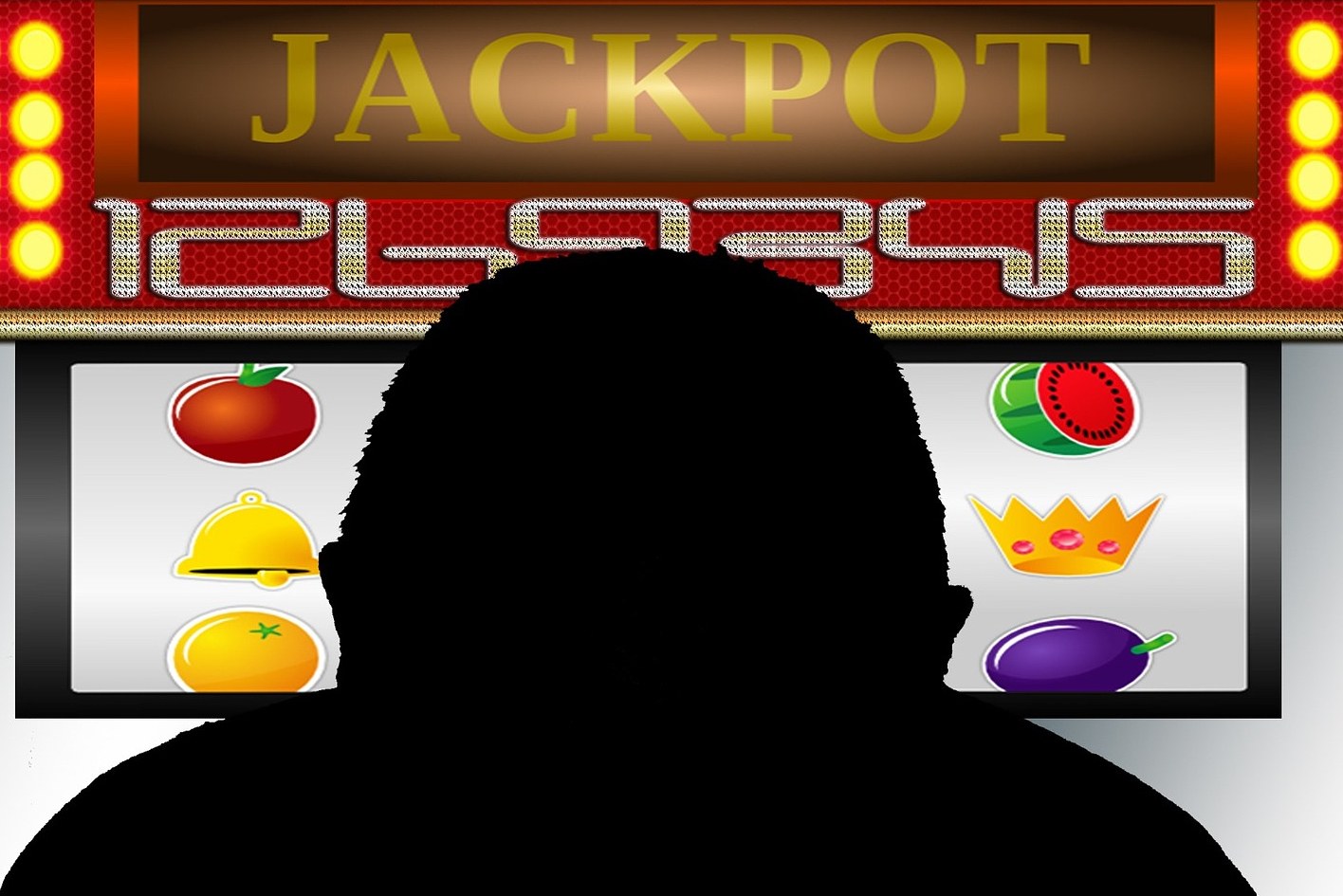 Ein Mann spielt an einem Slot-Automaten mit der Anzeige "Jackpot", umgeben von einer Tafel mit Text und Obstbildern, was auf ein Online-Casinospiel hinweist.