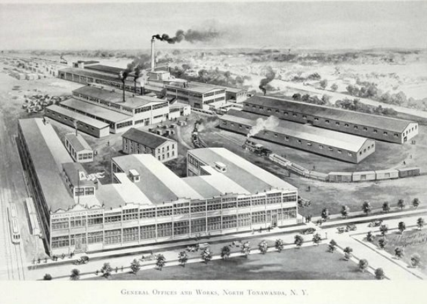 Luftaufnahme eines rauchenden Werks mit umliegenden Gebäuden, Bäumen und Fahrzeugen, mit dem Text "General Office and Works, North Tonawanda, New York" unten.