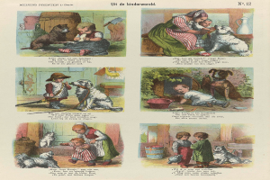 Ein Buchseitenbild mit Fotos von Kindern in bunten Kleidern mit verschiedenen Hunderassen, umgeben von kursivem Text in einem dekorativen Rahmen.