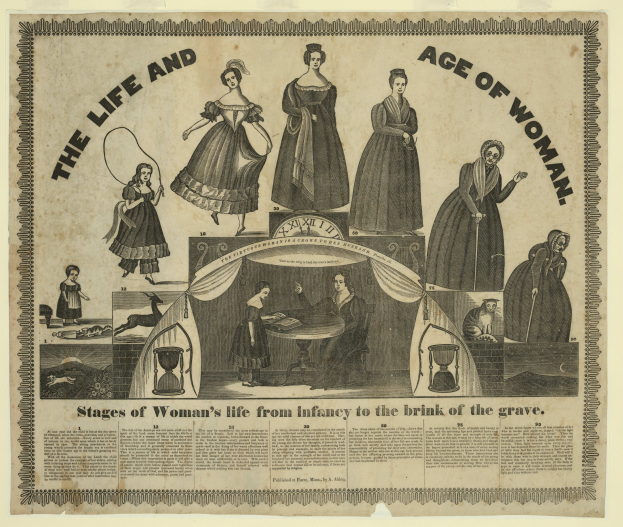 Eine farbenfrohe Papierreproduktion, die die Lebensphasen von Frauen von der Kindheit bis zum Alter zeigt, mit fetter Schrift und detailreichem Design.