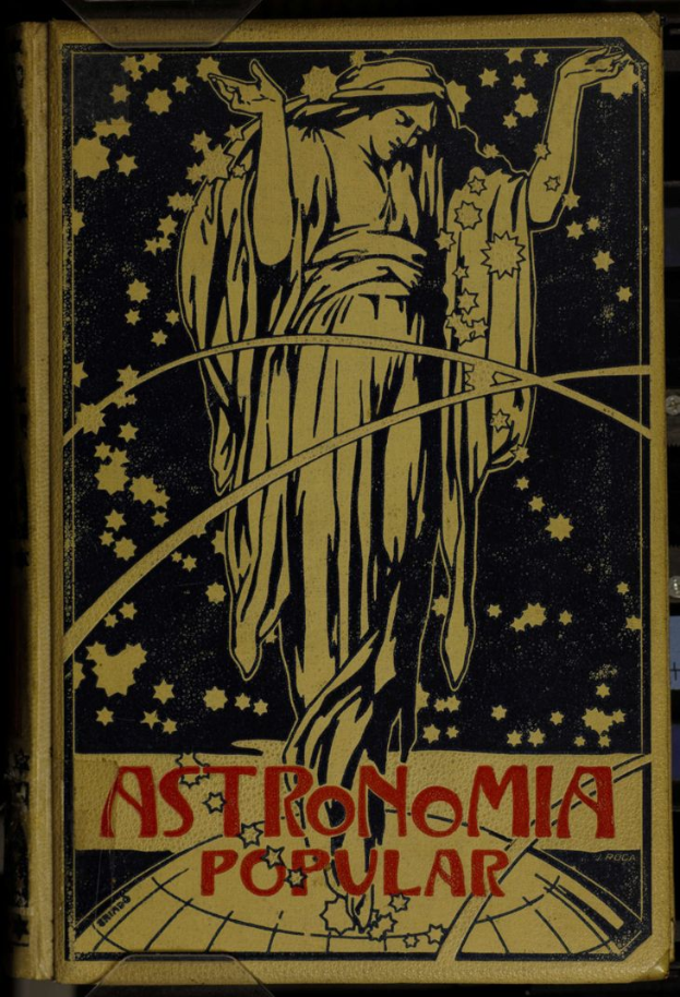 Ein Buchumschlag mit einer Person in weißem Hemd mit ernstem Gesichtsausdruck vor einem tiefblauen Nachthimmel mit Sternen, betitelt mit "Astronomia Popular" in fetter Schrift.