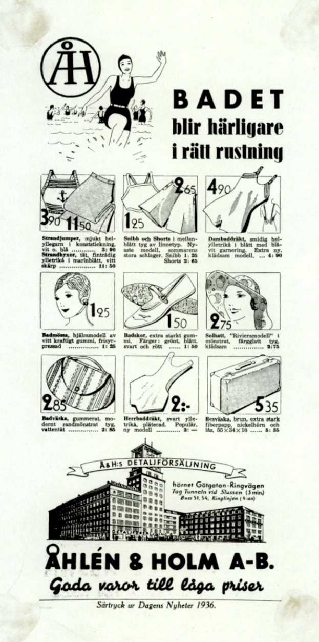 Frau in einem weißen und blauen gestreiften Bikini mit Pferdeschwanz, die direkt in die Kamera schaut, umgeben von Bildern von Menschen, Gebäuden und fetter Schrift.