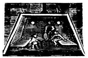 Eine Schwarz-Weiß-Zeichnung eines Fußballspiels im Gange, mit zwei Spielern in der Mitte, einem im Vordergrund und einem im Hintergrund, die Fußballtrikots tragen, und einem Torpfosten in der Ecke.