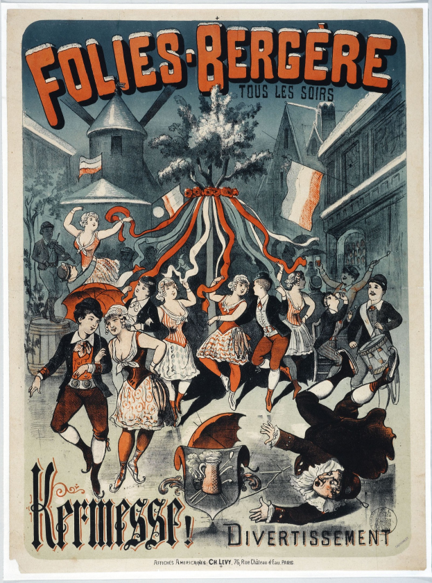 Plakat für das Folies Bergère-Festival in Paris mit tanzenden Menschen im Vordergrund und Gebäuden, Bäumen und Flaggen im Hintergrund.