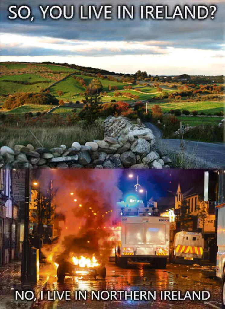 Oberbild: eine Landschaft mit Gras, Bergen und Grün. Unterbild: Fahrzeuge auf einer Straße mit Feuer.