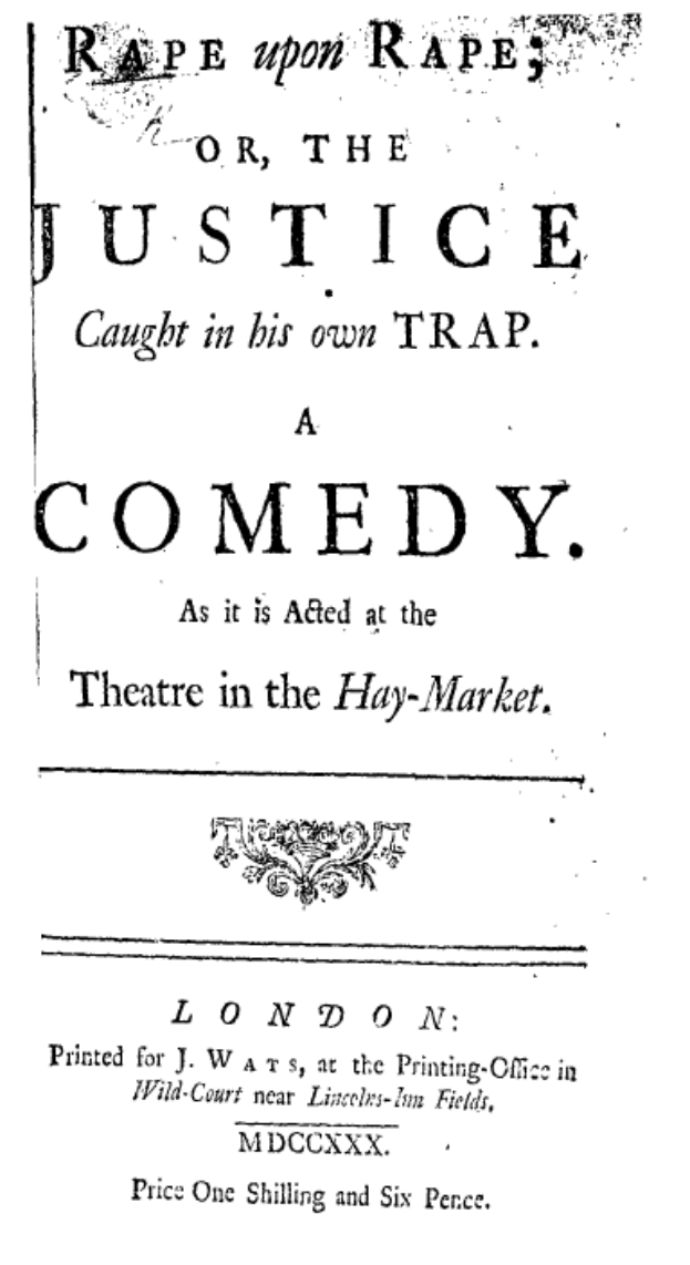 Ein Schwarz-Weiß-Plakat mit fetter, schwarzer Schrift, die den Text 'Vergewaltigung auf Vergewaltigung oder die Justiz in seiner eigenen Falle' trägt, wahrscheinlich für eine Comedy-Show.