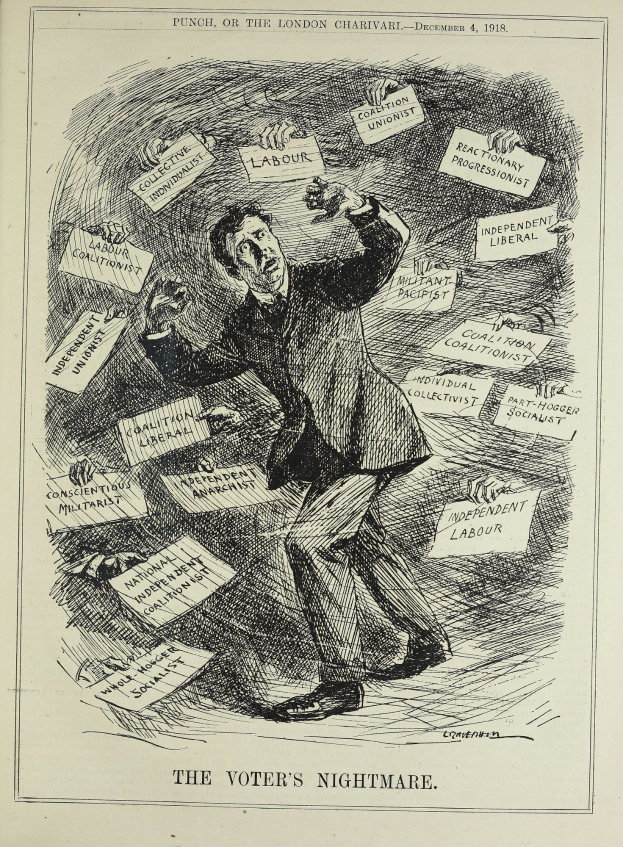 Ein Mann im Anzug und Krawatte hält ein Schild mit der Aufschrift "Der Albtraum des Wählers" mit entschlossener Miene.