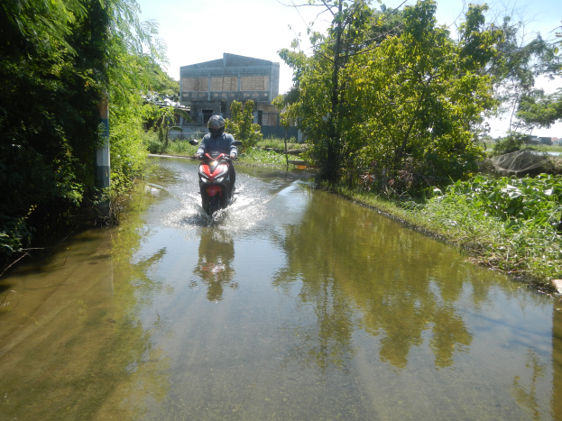 Eine Person auf einem Motorrad fährt durch eine überflutete Straße, trägt einen Helm und hat Bäume und ein Gebäude im Hintergrund.