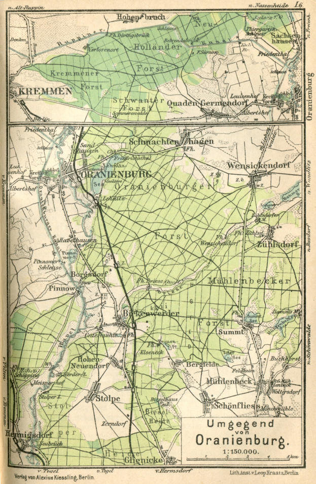 Ein detaillierter alter Stadtplan von Oranienburg, Deutschland, mit Text, der einen umfassenden Überblick über das Gebiet bietet.