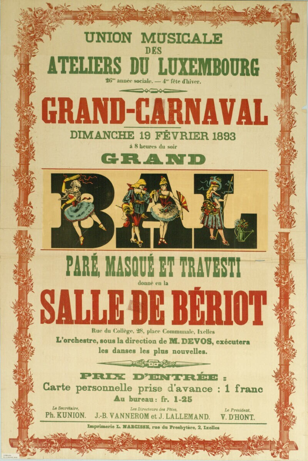 Ein Vintage-Plakat, das ein Pariser Karnevalsfest ankündigt, zeigt eine Gruppe strahlender Menschen in traditioneller Kleidung vor einem hellgelben Hintergrund, mit einer Banneraufschrift "Großes Karneval" oben.