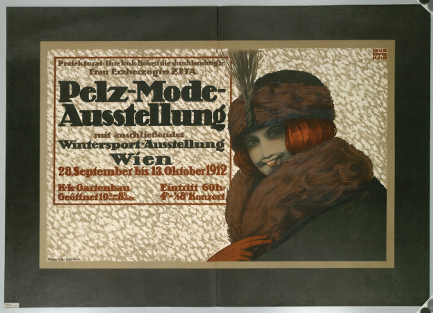 Plakat für ein Wintersport-Event in Wien, Österreich, mit einer lachenden Frau in einem Pelzmantel und Hut sowie Eventdetails