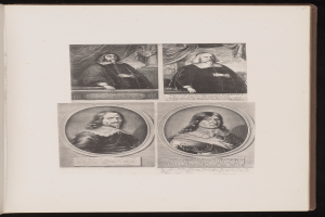 Ein aufgeschlagenes Buch mit vier Schwarz-Weiß-Porträts von Männern in einer Collage-Anordnung, mit sichtbarem Text auf den Seiten des Buches.