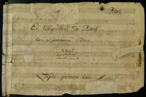 Ein altes, gelbliches Dokument mit Musiknoten und Text auf einem schwarzen Hintergrund.