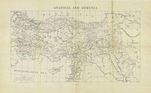 Detailierte Karte von Anatolien und Armenien auf Papier mit begleitendem Text und geografischen Merkmalen.
