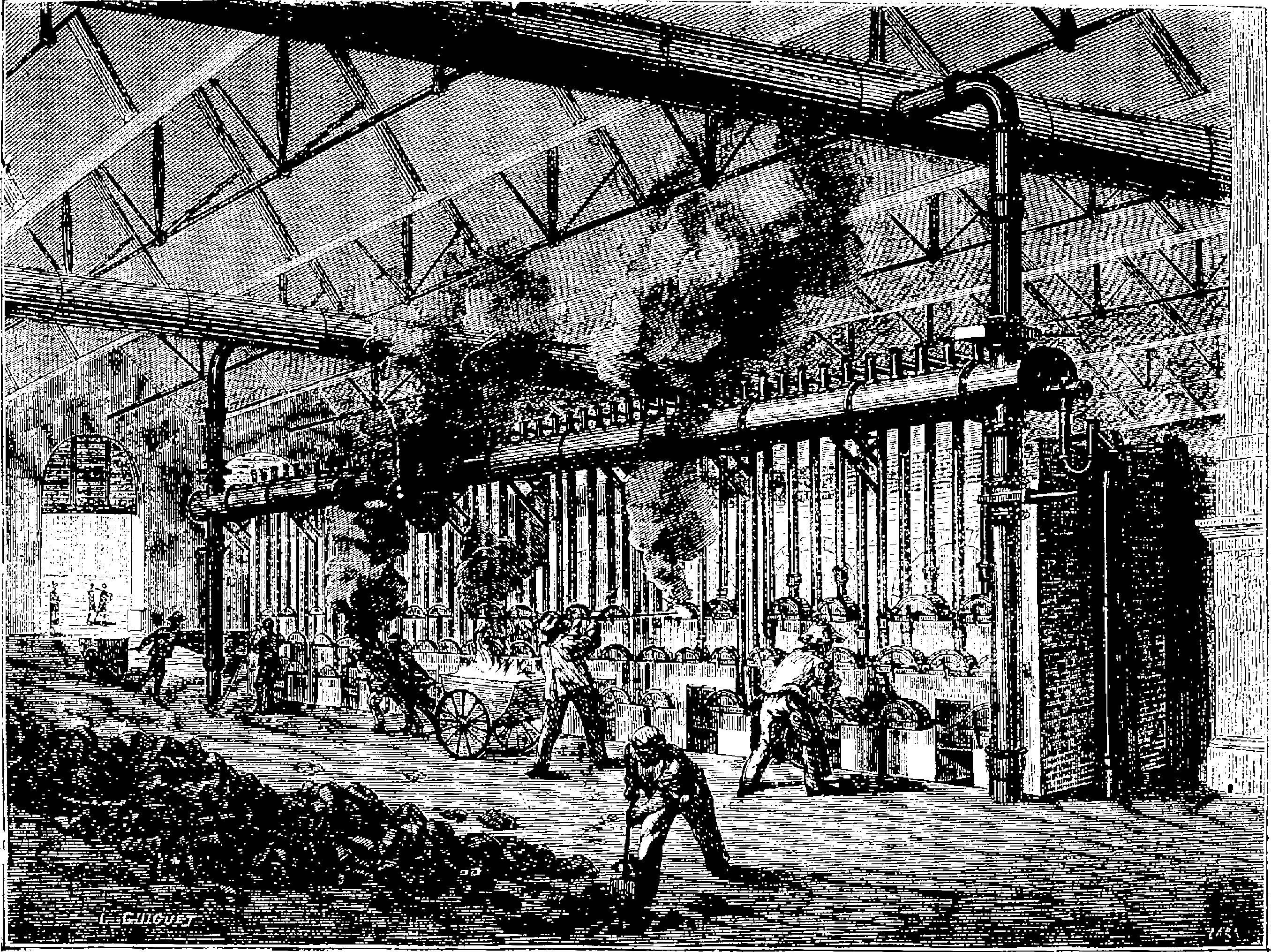 Schwarz-weiß-Illustration einer belebten Stahlfabrik aus den 1910er Jahren mit Arbeitern, Maschinen und Industrieausrüstung.