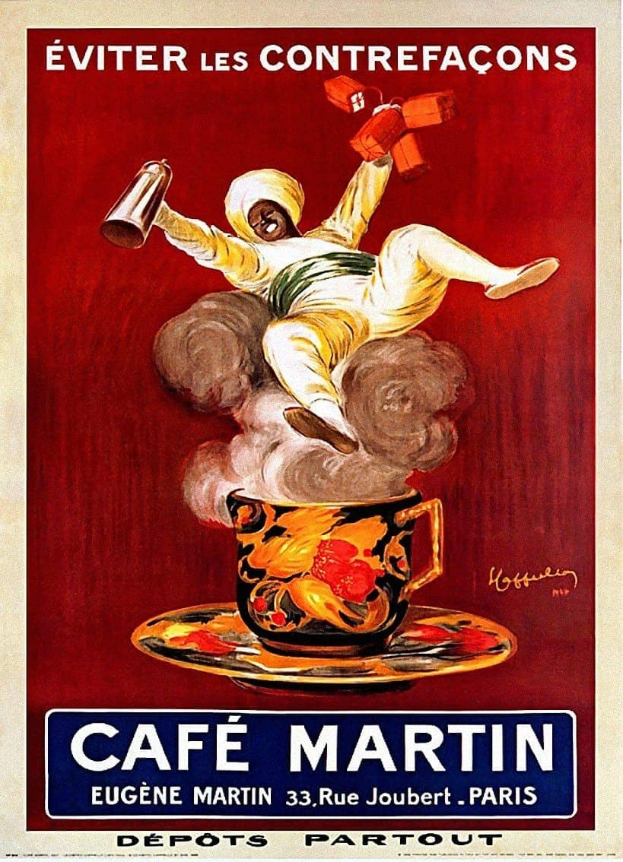 Plakat für Café Martin in Paris mit einer Person, die eine Tasse Kaffee hält, und dem großen 'Café Martin'-Text darüber.