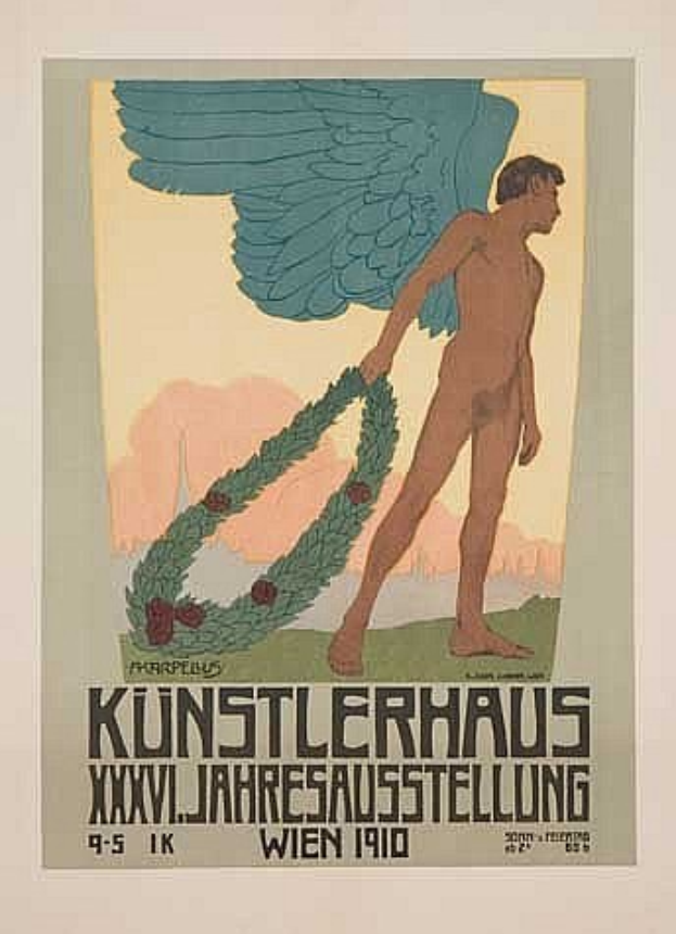 Deutsches Propagandaplakat aus dem Jahr 1910 für "Künstlerhaus Wien", das einen geflügelten Mann in einem Kranz mit ausgestreckten Armen zeigt, sowie eine markante Schrift und leuchtende Farben.