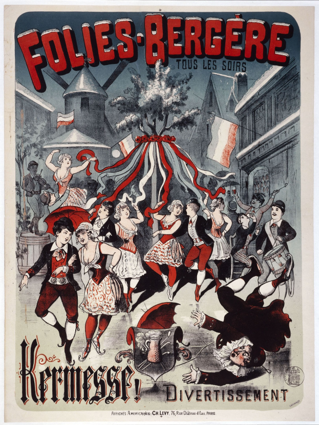 Plakat für das Folies-Bergère-Festival in Paris mit tanzenden Menschen im Vordergrund und Gebäuden, Flaggen und einem Baum im Hintergrund sowie französischer Text oben und unten.