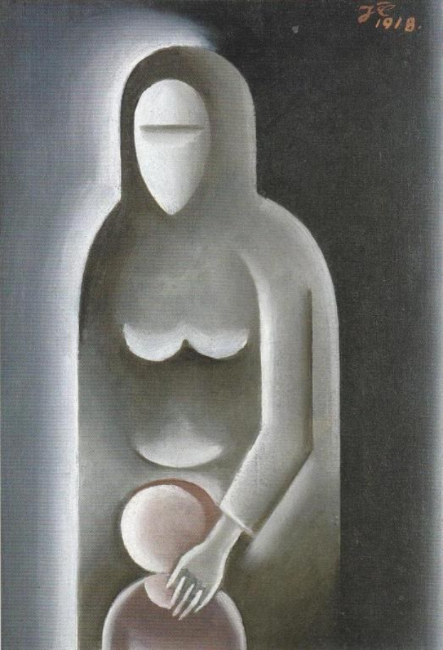 Gemälde mit dem Titel "Mutter und Kind" von KÜNSTLER (1918), das eine Frau in einem weißen Kleid zeigt, die ein Baby auf ihrem Schoß hält, mit gedämpften erdigen Tönen und einer friedlichen Atmosphäre.