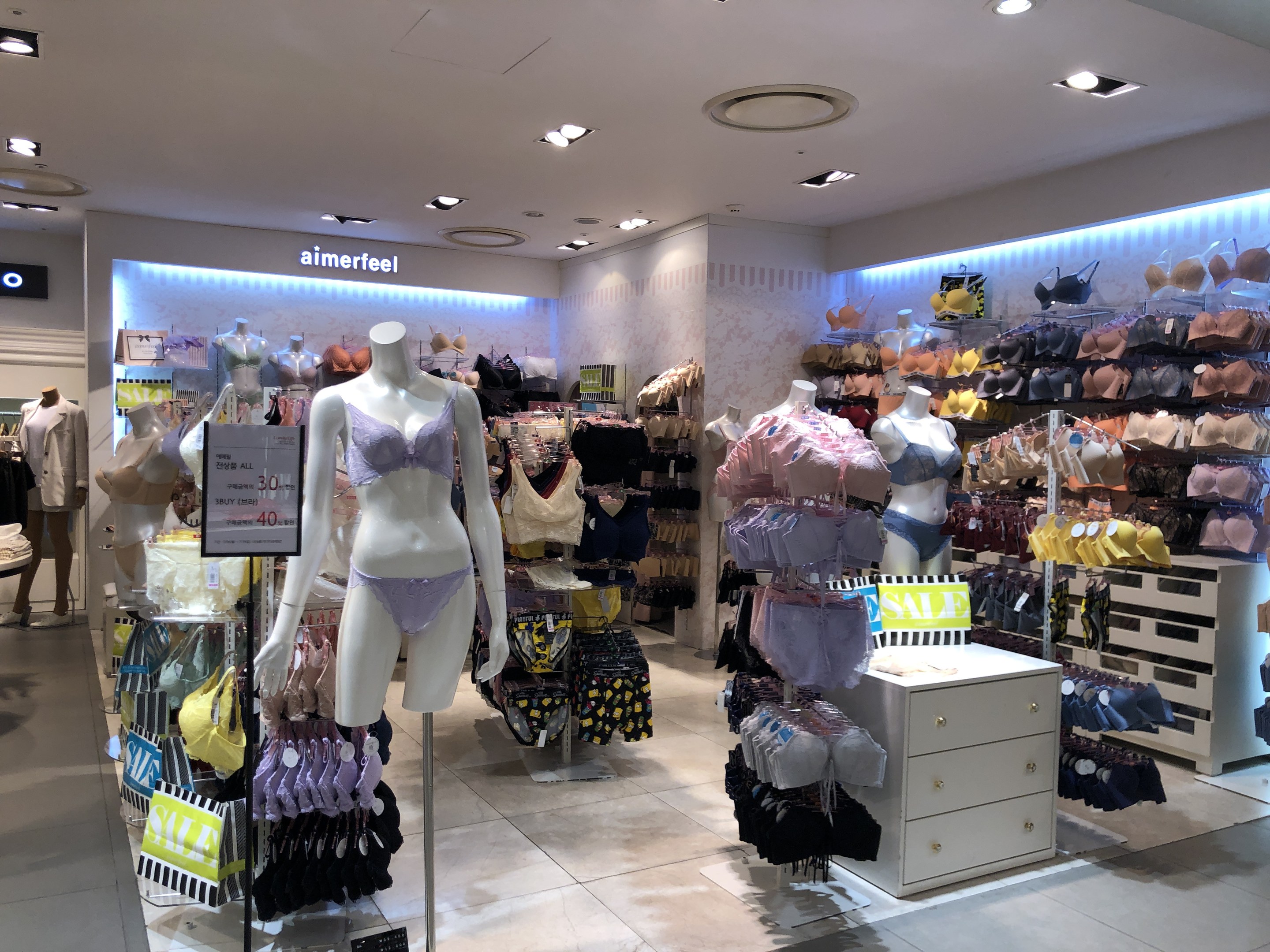 Ein gut beleuchteter Lingerie-Laden mit Schaufensterpuppen, aufgehängten Kleidern, Displaytafeln und Schränken, die verschiedene Arten von Lingerie präsentieren.