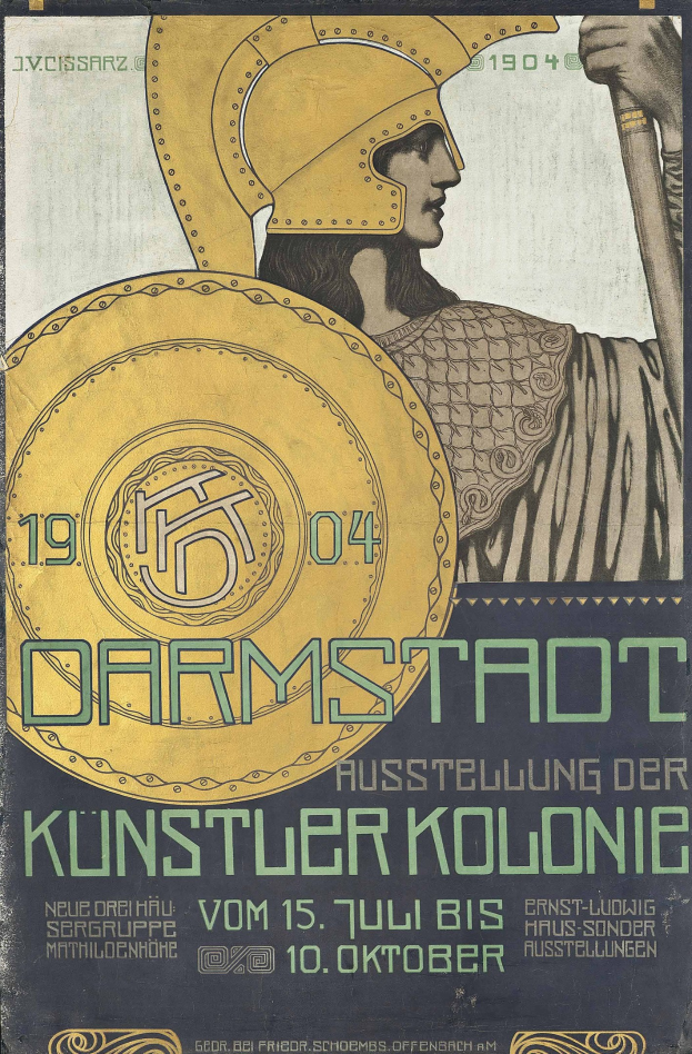 Plakat für ein 1904er Berlin-Konzert mit einem Helmträger, der ein Schild hält, und den Texten «Darmstadt» und «Künstler Kolonie» in fetter Schrift.
