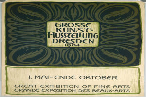 Ein Vintage-Plakat für die Große Ausstellung der Schönen Künste auf der Grand Exposition des Beaux-Arts in Dresden, Deutschland im Jahr 1904, mit auffälligem Text, der das Ereignis ankündigt.