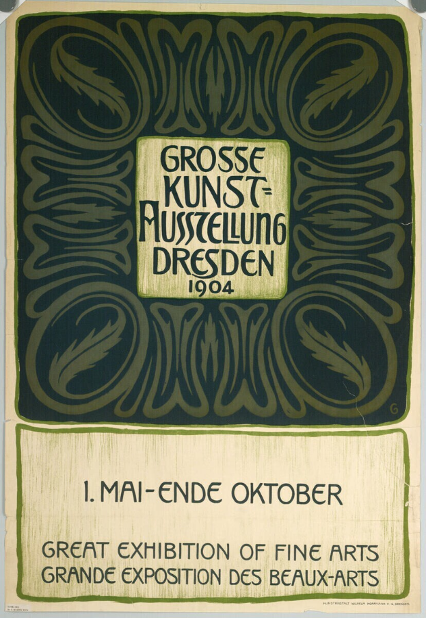 Ein Vintage-Plakat für die Große Ausstellung der Schönen Künste auf der Grand Exposition des Beaux-Arts in Dresden, Deutschland im Jahr 1904, mit auffälligem Text, der das Ereignis ankündigt.