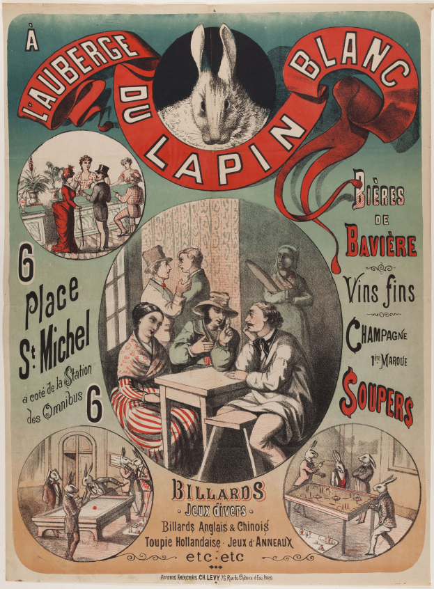 Ein Plakat, das eine Veranstaltung namens 'Lauberge du Lapin Blanc' ankündigt, zeigt eine Gruppe von Menschen an einem Tisch mit einem Kaninchen in der Mitte, mit Text, der die Veranstaltung beschreibt.