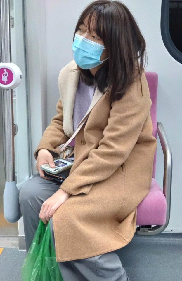 Eine Frau mit Gesichtsmaske sitzt in einem Zug, hält ein Mobiltelefon und eine Tasche in der Hand und hat eine Tür links von sich.