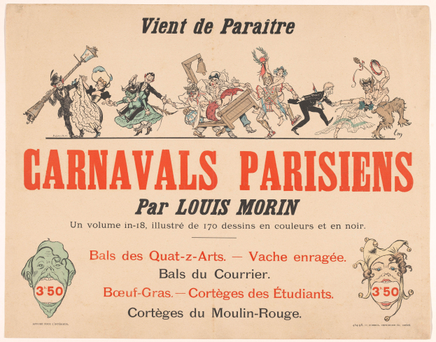 Ein Papier mit der Überschrift "Carnivals Parisiens par Louis Morin" in fetter Schrift, das farbenfrohe Illustrationen von Menschen in bunten Kostümen und Masken bei einer lebhaften KarnevalsSzene zeigt.