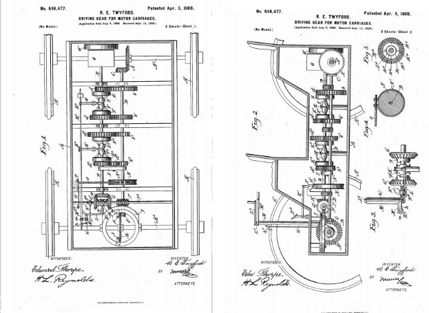 Schwarz-weißes technisches Zeichnung eines getriebelosen Fahrzeugs, die älteste bekannte Automobilpatent-Illustration, auf altem Papier mit handgeschriebenen Anmerkungen.