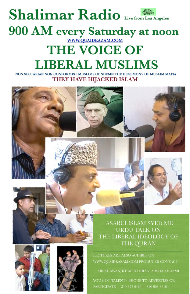 Plakat, das die Radioshow "Die Stimme der liberalen Muslime" bewirbt, zeigt Bilder von Menschen mit Kopfhörern und Mikrofonen in einem Gespräch.
