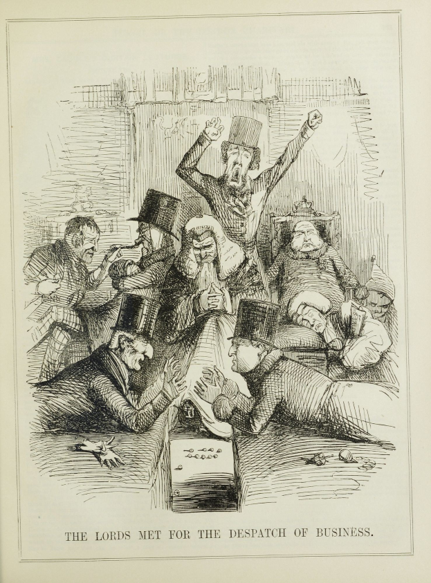 Eine historische Illustration, die eine Gruppe von Menschen in Not zeigt, einige schauen ängstlich nach oben und andere verwirrt nach unten, begleitet von einem Text, der "Die Lords trafen sich zur Geschäftsabwicklung" lautet.