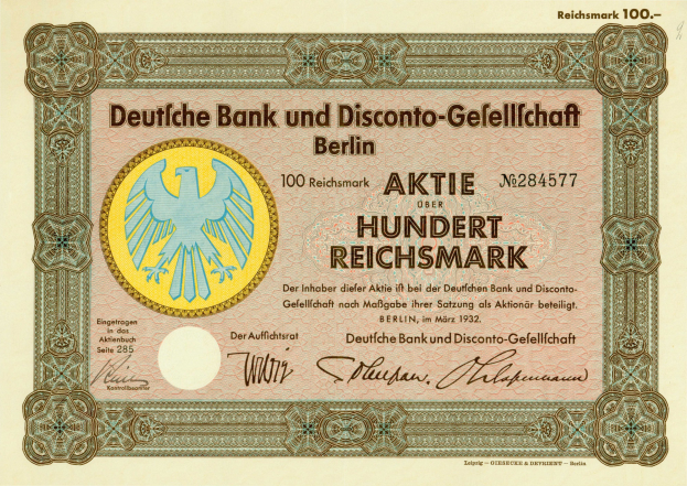 Alte deutsche Banknote mit Vogelmotiv und der Aufschrift "Deutsche Bank und Disconto-Gesellschaft Berlin".