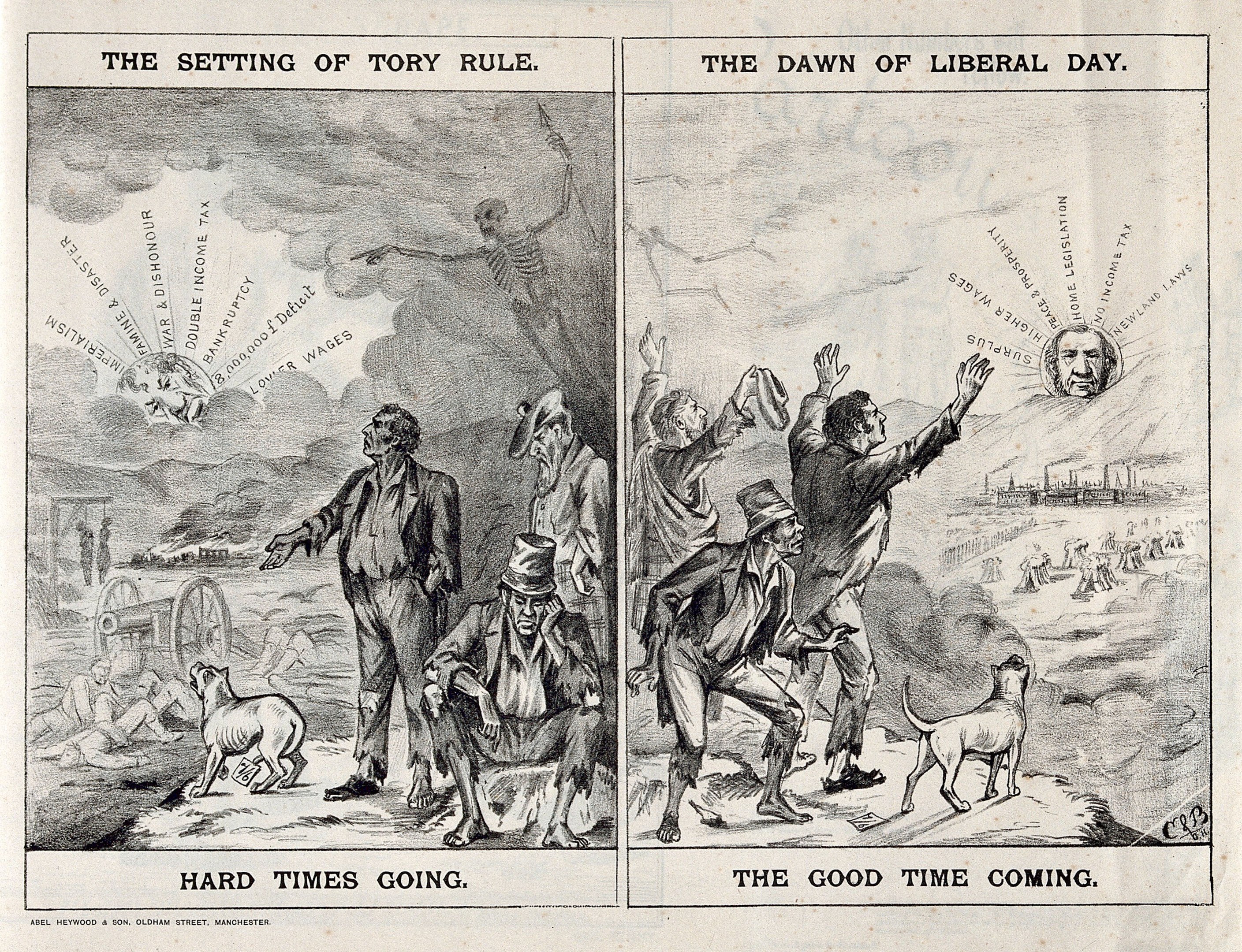 Schwarze und weiße Illustration, die eine Szene aus der Tory-Ära zeigt, die in liberale Zeiten übergeht, mit Menschen, Tieren und Gegenständen.