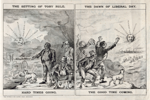 Schwarze und weiße Illustration, die eine Szene aus der Tory-Ära zeigt, die in liberale Zeiten übergeht, mit Menschen, Tieren und Gegenständen.