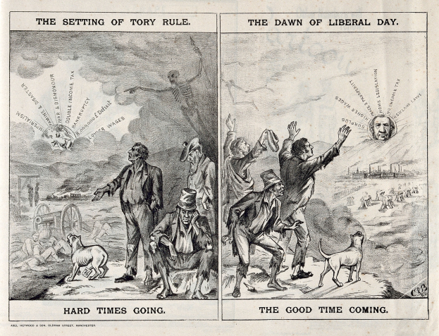 Schwarze und weiße Illustration, die eine Szene aus der Tory-Ära zeigt, die in liberale Zeiten übergeht, mit Menschen, Tieren und Gegenständen.