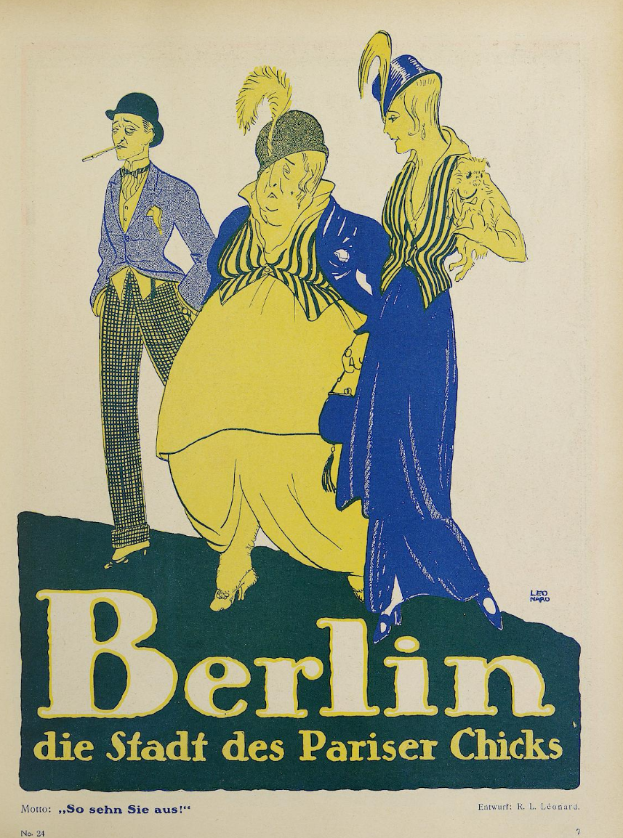 Ein Plakat für ein Konzert in Berlin, Deutschland, das eine Gruppe von Menschen in bunter Kleidung vor einem Gebäude zeigt, mit dem Text "Berlin - Die Stadt des Pariser Chicks" öber dem Bild.
