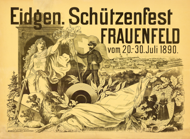 Plakat für das Eidgen Schützenfest in Frauenfeld, Deutschland, mit einem Mann im Anzug und einer Frau im Kleid und Veranstaltungstext.