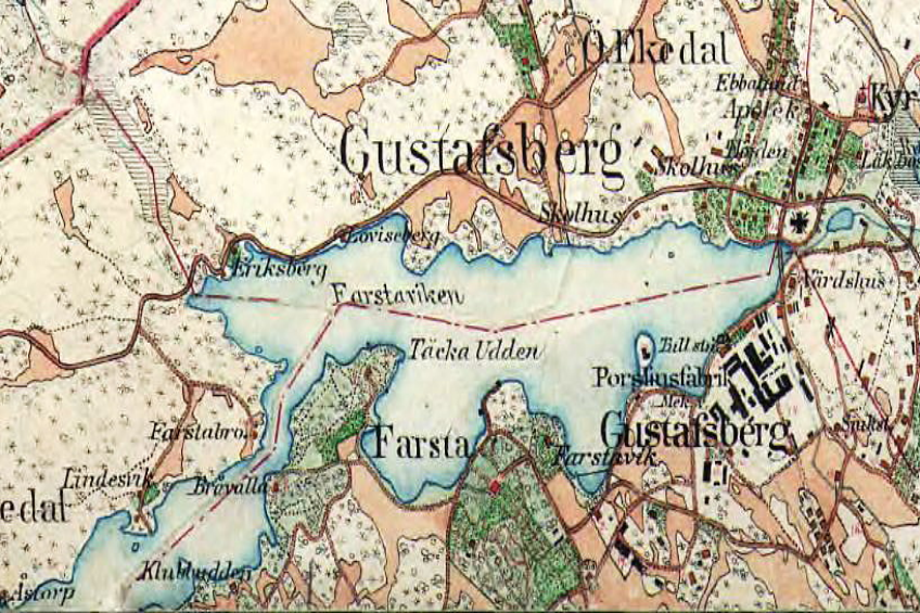 Ein detaillierter alter Stadtplan von Gustafsberg, Schweden, der Straßen, Gebäude und andere Merkmale zeigt, mit Texten, die Informationen zur Bevölkerung, Sehenswürdigkeiten und Straßen liefern.