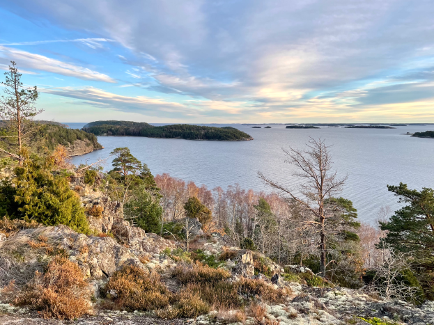 Panoramischer Ausblick von einem Hügel auf einen See, mit Bäumen, Pflanzen und Felsen im Vordergrund und einem bewölkten Himmel im Hintergrund.
