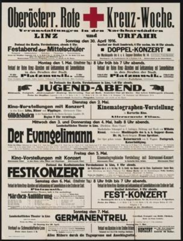 Alte deutsche Zeitungsanzeige für das Deutsche Rote Kreuz vom 30. April 1916 mit Text und Pluszeichen.