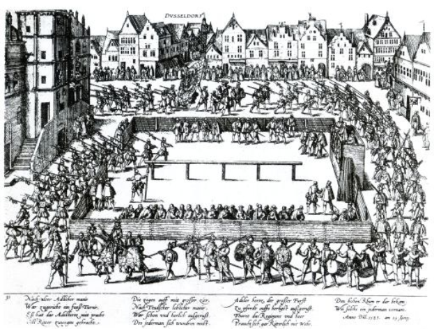 Schwarze und weiße Zeichnung einer Menge von Menschen, die in einer Stadt kämpfen, während "Die Schlacht von Düsseldorf", mit Gebäuden im Hintergrund und einigen Individuen, die Schwerter und Schilde halten.